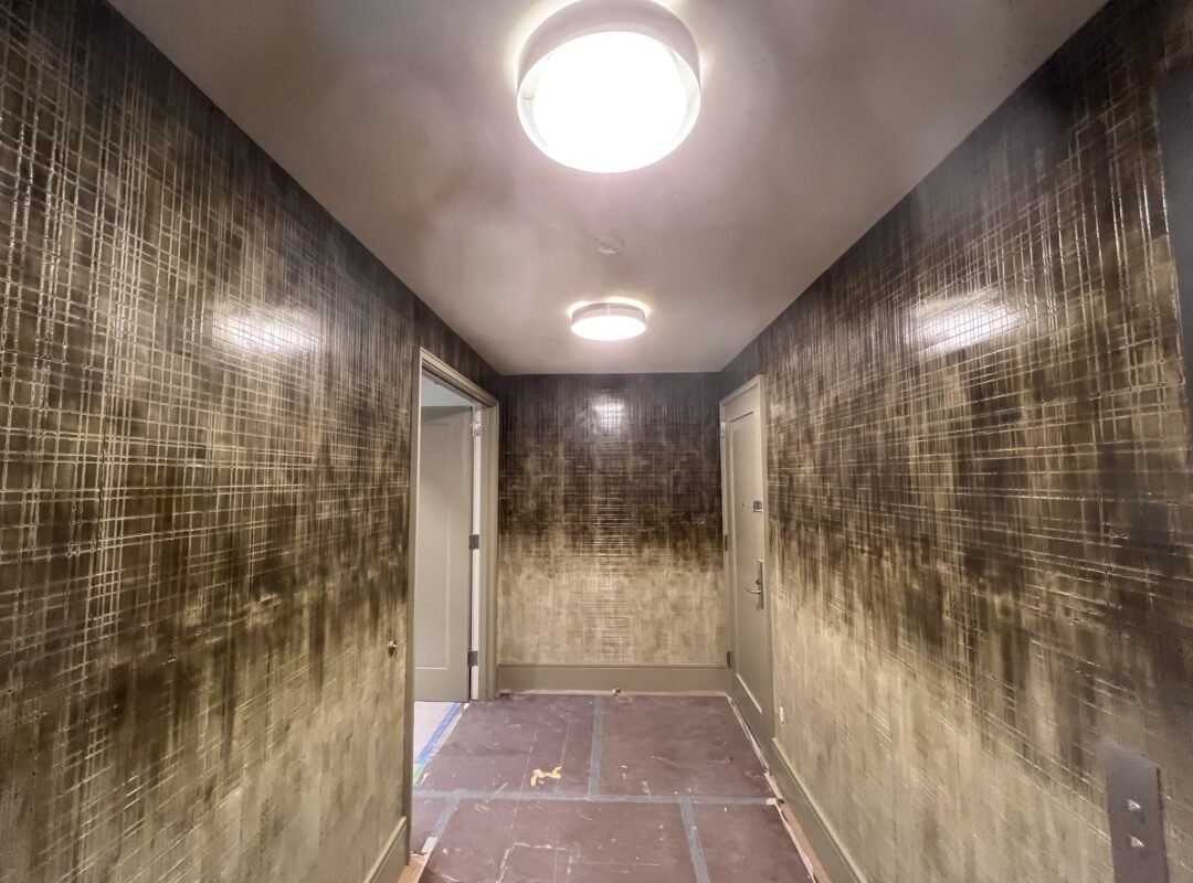 CUSTOM GLAZED CRACKLED LIME PLASTER OVER CANVAS WALLCOVERING
